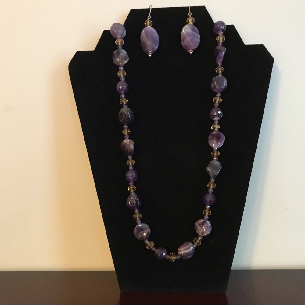 Elegant Polished Amethyst Necklace and Earring Set